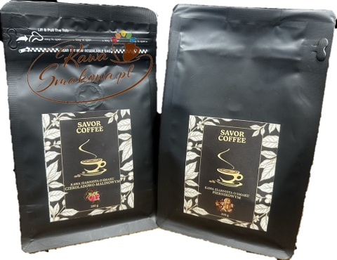 Savor Coffee czekoladowo-malinowa 200g i Savor Coffee piernikowa 200g kawy ziarniste